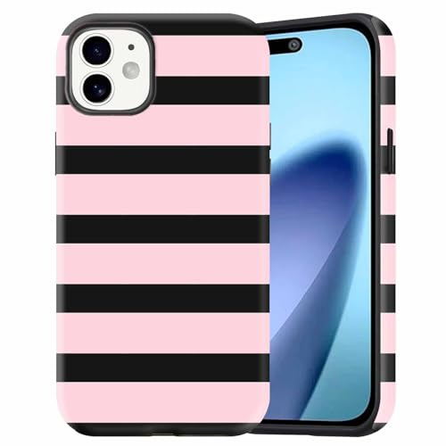 Dahimomo Summer Cute Phone Case for iPhone 11 6.1, 2-in-1 Girly Aesthetic Striped Design Pattern, Camera Lens Protective Shockproof Bumper Slim Cover for Girl Women, Pink & Black