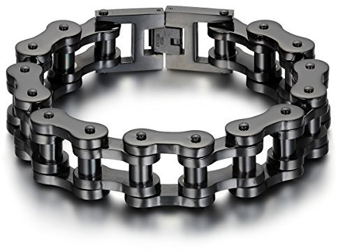 JewelryWe Mens Stainless Steel Bracelet, Heavy Wide Biker Chain Bangle, Black