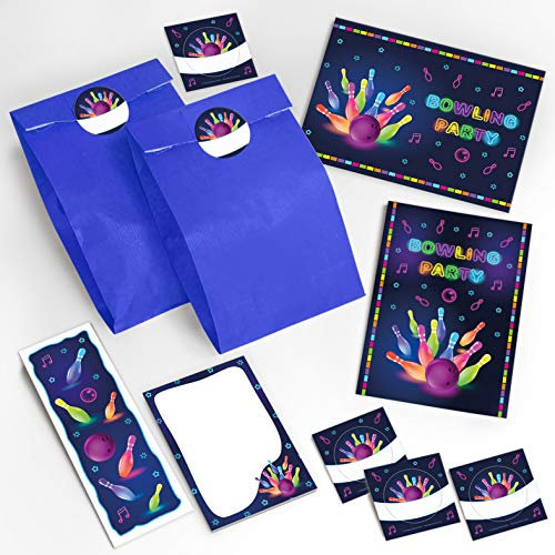 12 Einladungskarten zum Kindergeburtstag Bowling für Mädchen und Jungen/Erwachsene/Geburtstagseinladungen incl 12 Umschläge, 12 Tüten/blau,12 Aufkleber, 12 Lesezeichen, 12 Notizblöcke