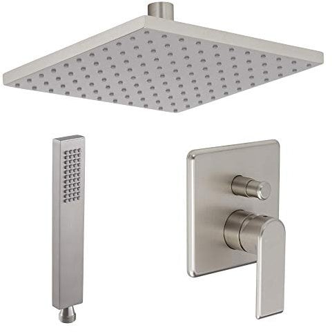 Milano Hunston Manual Mixer Valve 200mm Square Wall Mounted Shower Head Handset - Brushed Nickel