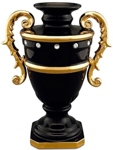 Casa Padrino Barock Vase Schwarz/Gold 26 x 18 x H. 36 cm - Prunkvolle Keramik Blumenvase mit Swarovski Kristallglas