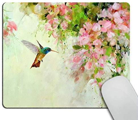Wasach Gaming Mouse Pad Custom Design Mat, Lovely Hummingbird and Pink Flowers Oil Painting Art,9.5 X 7.9 Inch (240mmX200mmX3mm)