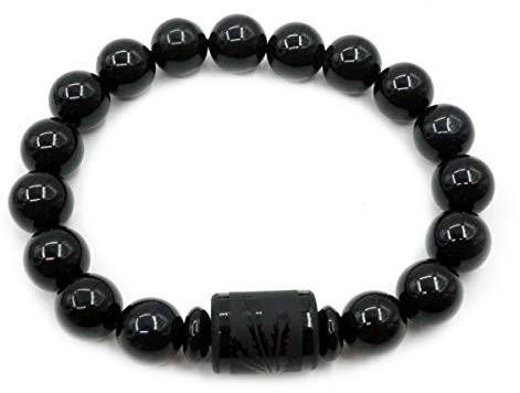 Bracelet en obsidienne noire véritable naturel de 12 mm Bracelet en perles extensibles élastiques tibétaines pour hommes