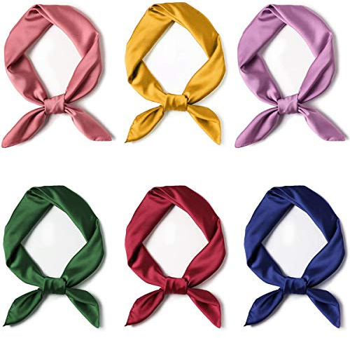 Glamorstar Lot de 6 foulards carrés en satin pour femme, 6 paquets – Jaune, vert, violet, rose, bleu marine, vin rouge, taille unique