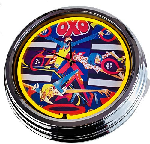 US-Way.de OXO Williams 1973 WallClock Deko-Clock – 44 cm Durchmesser, Deko-Wanduhr ohne Tickgeräusche und gut lesbares Display, USA 50er-Jahre-Stil Neon-Uhr für Küche, Büro (Gelb)