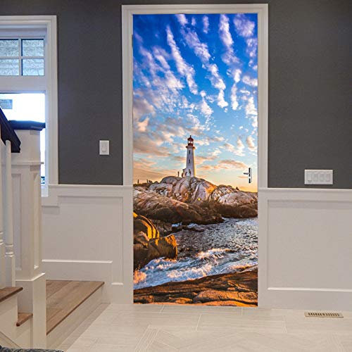 A.Monamour Türtapete Selbstklebend Türfolie Türposter 3D Ozean Küste Strand Sonnenuntergang Leuchtturm Bewölkten Himmel Natur Vinyl Folie Türdeko Tapete Wandbild Türaufkleber Türtattoo 77 x 200 cm