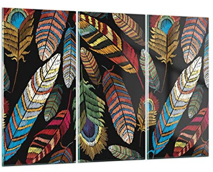 Mehrteilige Bilder auf Glas 165x110cm Glasbild Federn Bunt Stickerei Groß XXL Wanddeko Schlafzimmer Küche Set 3 teilige Wandbilder Dekoration Wohnzimmer Modern Wand Kunstdruck Art GCE165x110-4464