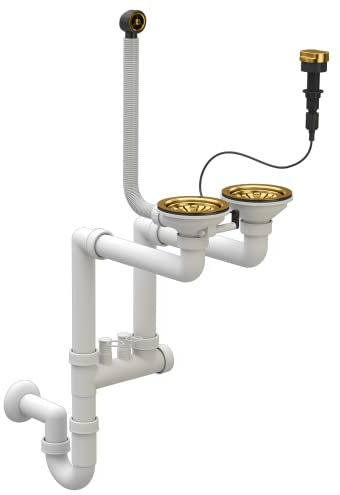 Platzsparendes Küchenspülen Siphon - Küchenspülenablauf - Set mit Anschluss Geschirrspülmaschine - ø 115 mm/3,5 Zoll - Ablaufgarnitur für 2 Becken mit automatischen Stopfen - Gold - Granitan