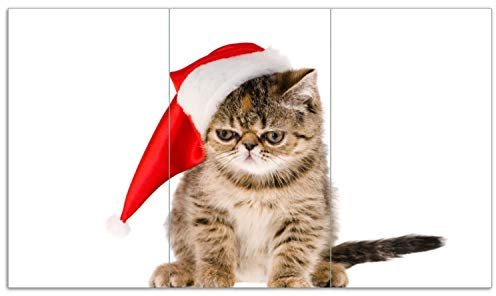 Wallario Herdabdeckplatte/Spritzschutz aus Glas, 3-teilig, 90x52cm mit 8mm hohen Füßen, für Ceran- und Induktionsherde, Ich Hasse Weihnachten - mürrische Katze mit Weihnachtsmütze