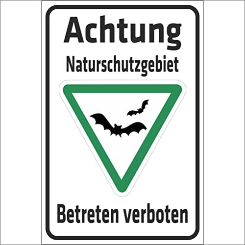 INDIGOS UG - Aluverbundplatte Schilder 3mm - Sicherheit - Achtung Naturschutzgebiet - Betreten verboten - Fledermaus - 600x400 mm - Hotel, Firma, Schutz, KITA, Arzt, Praxis, Wohnung
