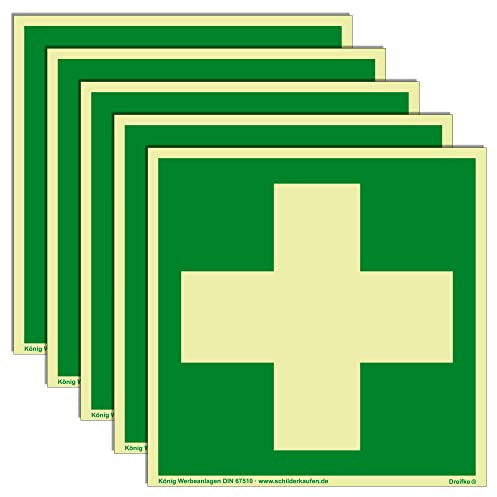 5 Schilder Erste Hilfe | extra langnachleuchtend | PVC selbstklebend 148 x 148 mm | gemäß BGV A 8 DIN 67510