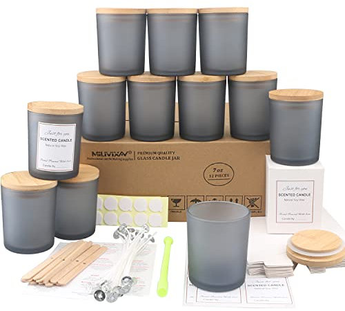 MILIVIXAY Paquete de 12 tarros de vidrio esmerilado de 7 onzas con tapas y kits de fabricación de velas, tarros vacíos a granel para hacer especias y recipientes de polvo