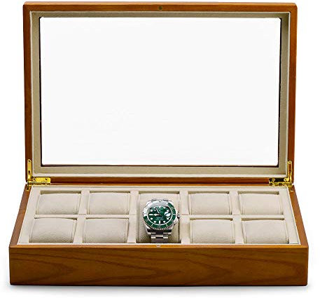 Oirlv Massivholz Uhrenbox Organizer für Männer Glas Deckel 10 Uhren Aufbewahrungskasten mit abnehmbaren Kissen