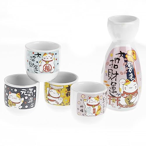 lachineuse - Service à Saké Chat Maneki Neko - avec 4 Bols & Carafe - Verres à Saké Japonais - Cadeau Vaisselle Asiatique - Service Saké Traditionnel Porcelaine Japon - Chat Japonais Porte-Bonheur