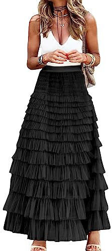 Gratoryna Womens Long Maxi Tulle Skirt A Line Ruffle Mesh High Waisted Tiered Layered Skirts Petticoat, Black, S