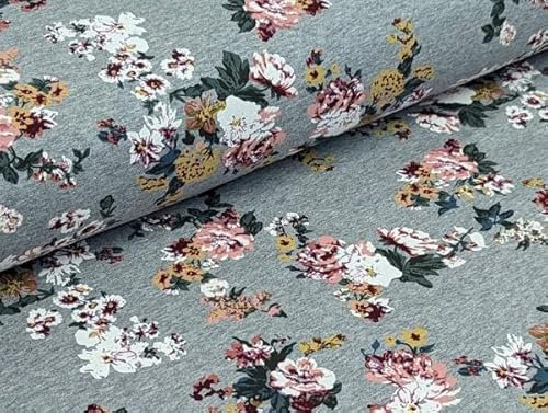 French Terry Großer Blumenschmuck auf Hellgrau Meliert Stoff Meterware Kleiderstoff
