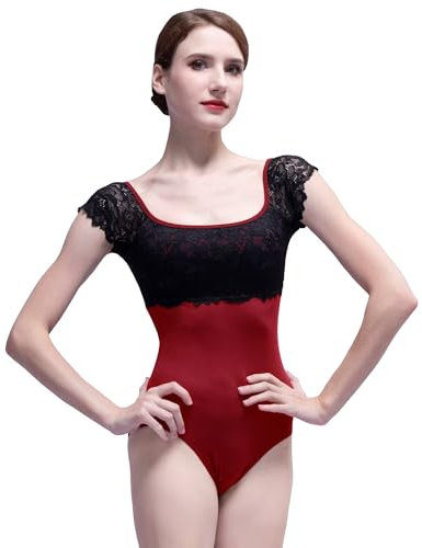 s.lemon Damen Kurzarm Balletttrikot Dehnbar Ballett Tanz Body mit Spitze Rot 160