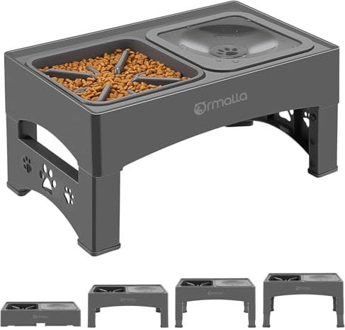 Ormalla Elevated Slow Feeder Dog Bowls with No Spill Dog Water Bowl, Raised Dog Bowl for Large Medium Small Dogs, Dog Food Bowl Stand with Raised Splash Guard, 4 Heights 3.7”, 8.5”, 10.1”, 11.7”, Grey