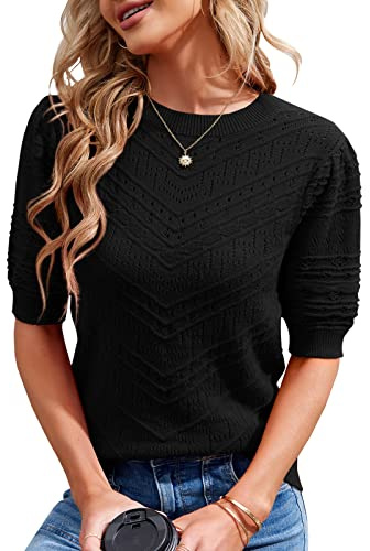 Runcati Damen Kurzarm Strickpullover Casual Rundhals Puffärmel Elegante Einfarbige Sweateshirt Pullover