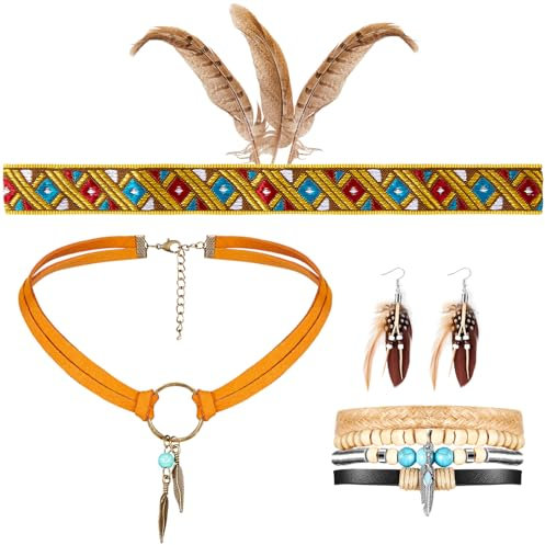 Otuuz 4 Vintage Indian Boho Karneval Accessoires 1 Indianer Feder Stirnband 1 Feder Ohrringe 1 Boho Lederhalskette 1 Leder Wrap Cuff Armband für Frauen mit Hippie Tribal Mottoparty Schmuck(Lebendig)