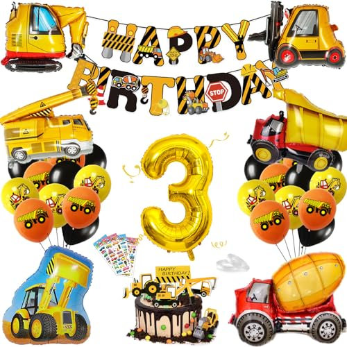 Bagger Deko Kindergeburtstag Baustellen Party - Geburtstagsdeko Junge 3 Jahre - Luftballons
