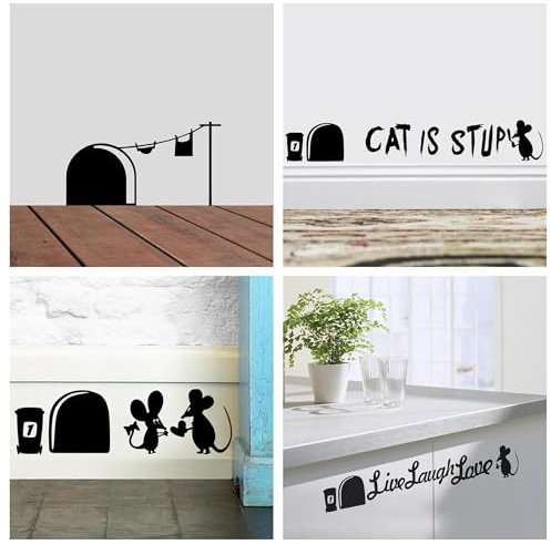 Pack 4 Mouse Hole Wall Art Stickers Vinyl Decal Mice Skirting Board Wall Art Decoration Removable Decal Peel & Stick Wall Art Vinyl Decals
