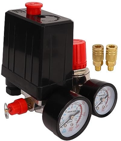 Uadme Air Compressor Pressure Valve Switch, Pressure Control Regulator, 3 in 1 Air Valve Switch Control Manifold Regulators, 0‑180PSI Quick Connector, for Fast Pressure Reduction