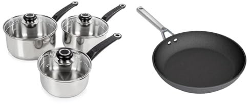 Morphy Richards 970003 Equip 3-Piece Pan Set, Stainless Steel & Ninja ZEROSTICK Premium Cookware 28cm Frying Pan, Long Lasting Hard Anodised Aluminium, Induction Compatible
