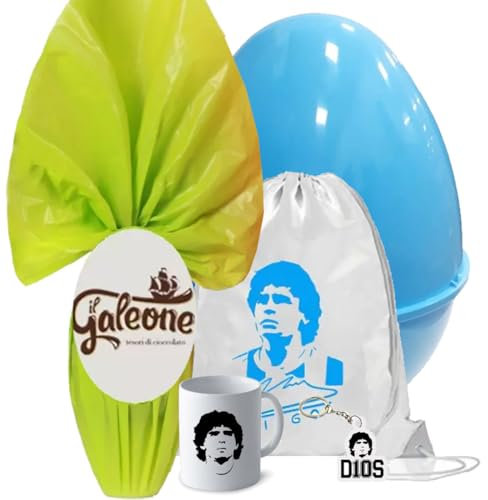 Set Uovo di Pasqua Personaggio a scelta con guscio apribile e gadget uovo di cioccolato con tazza in ceramica portachiavi e sacca porta oggetti (diego armando - Napoli)