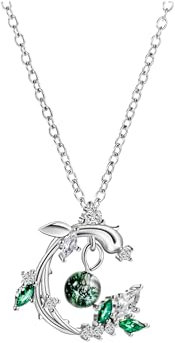Kette 925 Sterling Silber mit Wald Pflanzen Anhänger für Frauen Damen, Grün Stein Perlen Halskette Zirkonia Freundschaft Glück Schmuck für Kinder Jugendliche Mädchen Konfirmation Geburtstag Geschenk
