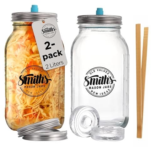 Smiths Fermentation Jars 2L – 2 Pack Glass Fermenting Jars with Airlock (1 Gas-Release Lid & 1 Storage Lid) – Used as Kimchi Container, Pickles, Kefir Jar, Kombucha, & Sauerkraut Fermentation Jar