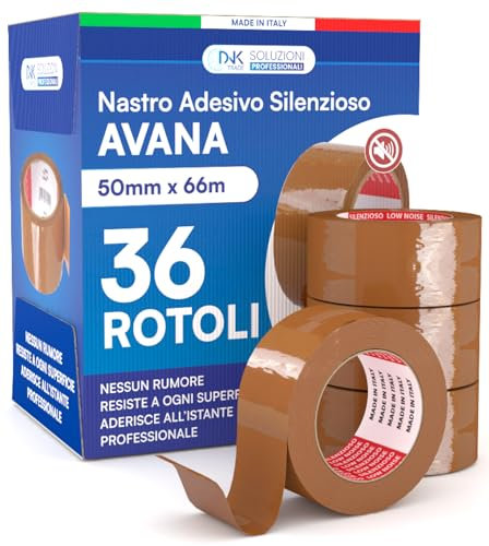 DNK TRADE Nastro Adesivo da Imballaggio Pacchi - 36 Rotoli di Nastro per Imballaggi 50mm x 66m Silenzioso Resistente all'Acqua - Colore Avana