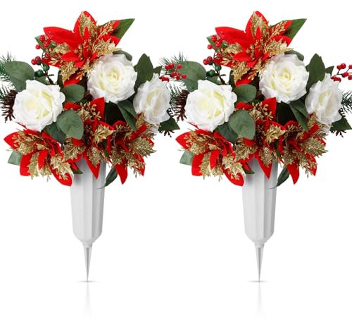Yuxung 2 Pcs Artificial Christmas Cemetery Flowers with Vase Cemetery Headstones Decoration Bouquet Faux Memorial Flowers with Red Berries White Roses Poinsettia for Grave, Graveyard, Memorial Day