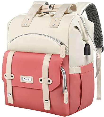 FuisDiL Laptop Backpack Womens, 15.6 Inch Computer Work Backpack with USB Port & RFID Blocking Pockets, Women Travel Backpacks Waterproof College Daypack (White-pink, 15.6 inch)