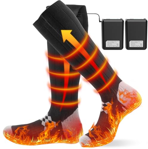 ikuchelife Beheizbare Socken, 2er 7500mAh/5V Akku Max. 14H Fußwärmer Elektrisch, Wiederaufladbare Wolle Beheizte Socken 2 Heizdraht Heizsocken mit 4 Temperatur für Ganze Fußsohle