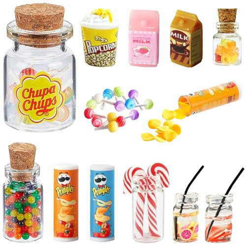 11 Stück Wichtel Zubehör, Miniatur Weihnachten Süßigkeiten und Trinken Set für Weihnachtsmarkt, Süßigkeitenstände, Wichtelzubehör mit Gummibärchen für Wichteltür Deko und 1:12 Puppenhaus