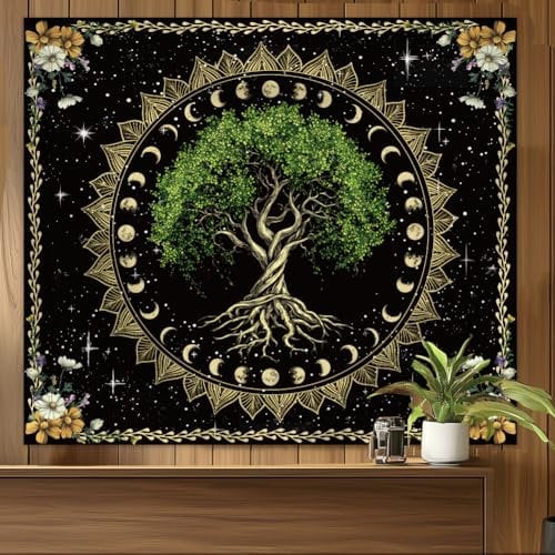 WEBEEDY Baum Des Lebens Tapisserie Natur Wald Wandbehang Mond Sonne Sterne Natur Wandteppiche Vintage Ästhetik Natur Wandkunst Für Wohnzimmer Dekoration Zu Hause (1.5x1.3m)