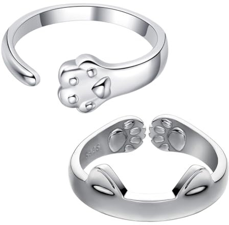 2 Stück Ring Süße Katzenpfote Offen Verstellbarer Ring 925 Silber, Katze Pfotenabdruck Silberringe Damen 925 Ringe Frauen, Damenring Sterlingsilber Finger Mädchen