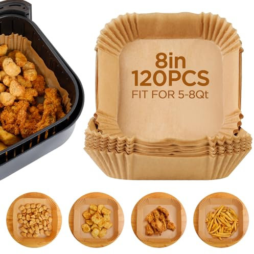 Romon Papel Freidora Aire, 120 Unidades Air Fryer Papel para Freidora de Aire 20 cm, Papel Horno Freidora Aire Desechable para Horno, Accesorios para Freidora sin Aceite de 5 a 8 litros (Cuadrado)