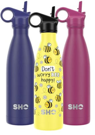 SHO Stainless Steel Water Bottle with Straw and Screw Lid - Leakproof, BPA Free, No Sweat, Vacuum Insulated Double Wall Metal Flask 500ml Original 2.0 12 Hours Hot 24 Cold (500ml, Bee Happy)