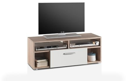 AVANTI TRENDSTORE - Airole - Mobile TV con 1 vano a ribalta e 4 scomparti aperti, in legno laminato nel colore quercia Sonoma/bianco. Dimensioni LAP ca. 95x36x34cm