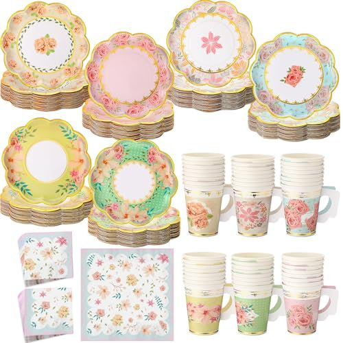 Yungyan 216 Pcs Floral Tea Cups and Saucers Disposable Tea Party Supplies 72 Pcs 9 oz Paper Teacups with Handle and 72 Pcs Paper Napkins and 72 Pcs 6 Inch Plates Dinnerware Set for Birthday Wedding