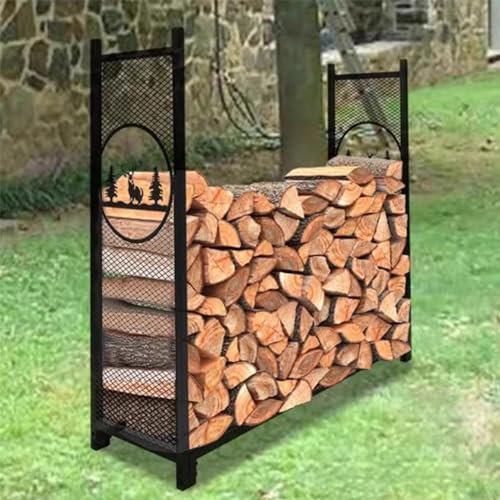 GUHPZA Kaminholzregal, 122 cm, Kaminholzregal mit Weihnachtsbaum und Elch, für drinnen und draußen, Metallgitter, robuster Kaminholzhalter für Holzaufbewahrung, rutschfester Fuß