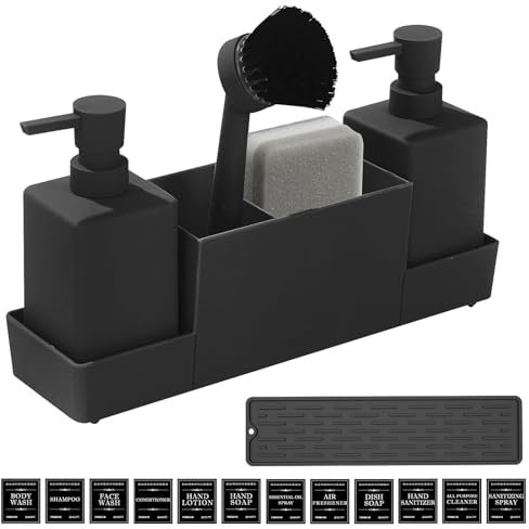 PRITOK Seifenspender Spülschwamm: Seifenspender Küche Set mit Spülschwamm, Spülbecken Organizer, Organizer mit Bürste und Zwei Seifenspendern mit Anti-Rutsch-Matte für Geschirrspüler-Organizer Schwarz