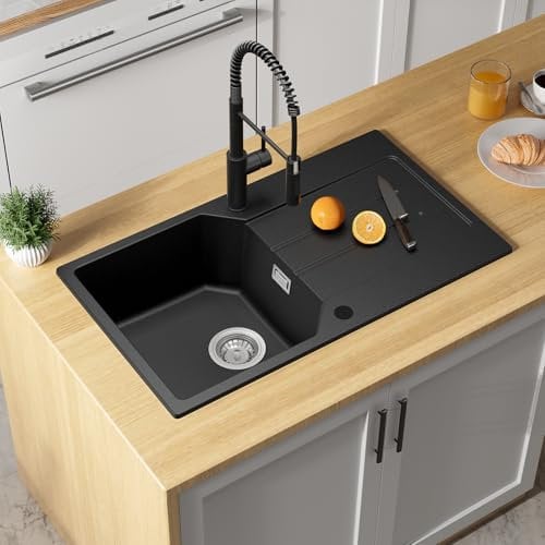 ANYCEE 78x45 cm Spüle Schwarz mit Abtropffläche, Spülbecken Granit Schwarz für ab 45er Unterschrank, Küchenspüle Granit mit 80% Quarzsand, Küchenwaschbecken inkl Siphon & Über
