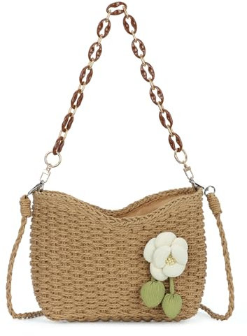 EVEOUT Rattan Umhängetaschen Damen mit Blume Sommer Chic Weidengeflecht Korb Tasche mit Schulterkette Elegant Gewebte Stroh Schultertasche