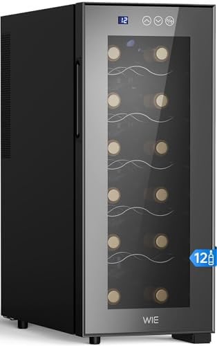 WIE Cantinetta Vino 12 Bottiglie, Raffreddamento Termoelettrico, Cantina Vino con LED Schermo tattile, Porta in Vetro a Specchio, 5 Ripiani Regolabili, Luce LED, 26 dB Basso Livello di Rumore, 33L