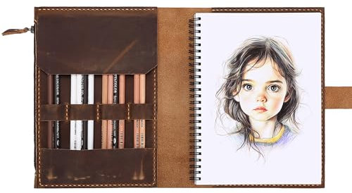 Fasjosma Skizzenbuch-Einband aus Leder für A5/14 x 21,6 cm Skizzenblöcke, handgefertigtes Künstleretui aus echtem Leder, mit Stifthalter und Reißverschlusstasche, professionelles Zeichenzubehör (Braun