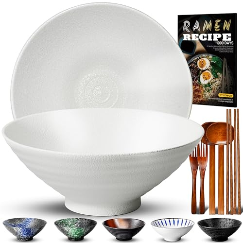 8 Zoll Keramik Ramen Schüssel 2 Set(9-Teilig) - Japanisches Porzellan Geschirr mit Gabel Essstäbchen Löffel und Rezepte Spülmaschinenfest für Nudeln Suppen Getreide Salate Geschenke für neuen Häusern