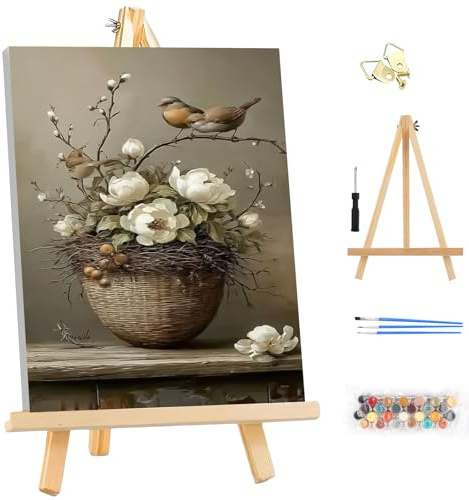 MEIYUDA Peinture par Numero Adulte avec Cadre, Oiseau Fleurs Kit de Peinture à l'Huile sur Toile par Numéro, Decoration Maison Cadeau 25x35cm